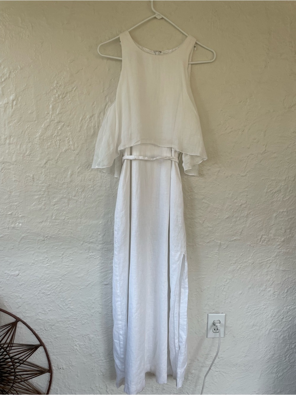 Island Company beachy white tiered belted Purete maxi dress, 100% linen; size S